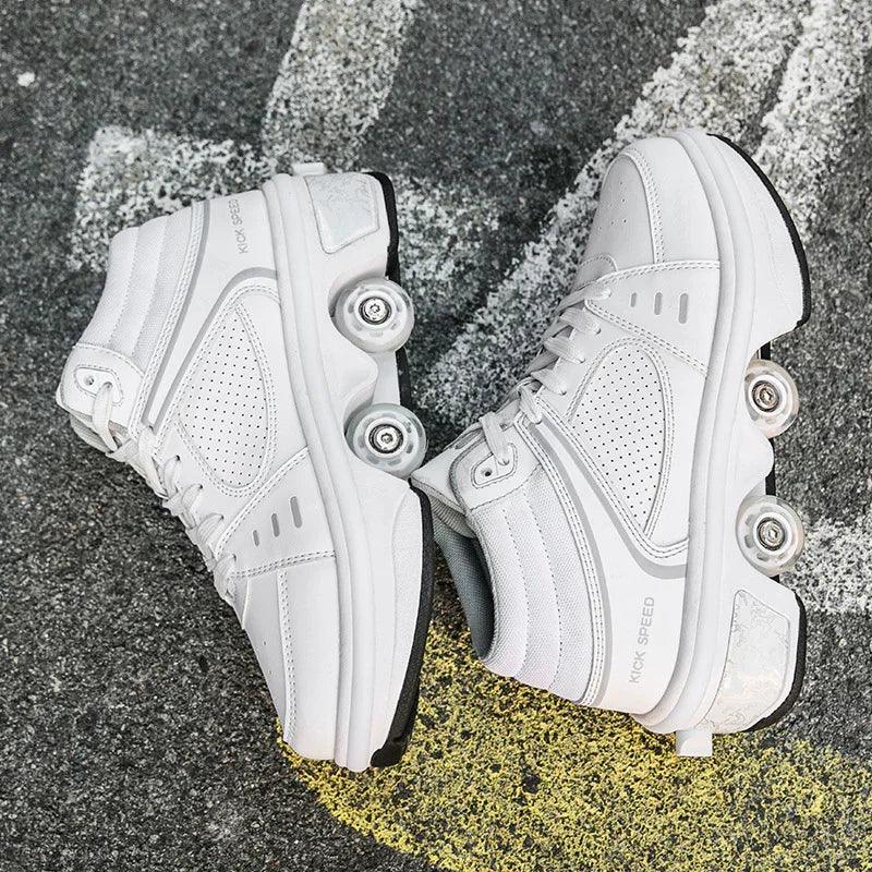 White leather sneakers with built-in roller wheels, perforated panels, low top, street style