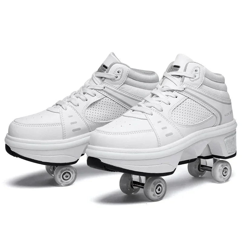 White high-top leather roller sneakers with laces, perforated panels, and retractable wheels