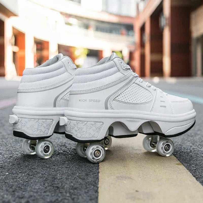 White leather sneakers with built-in roller skate wheels, chunky sole, street style