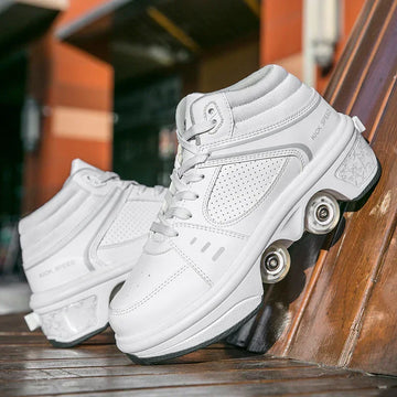 White leather high-top sneakers with retractable roller wheels, perforated sides, chunky sole.
