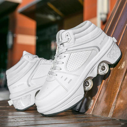 White leather high-top sneakers with retractable roller wheels, perforated sides, chunky sole.
