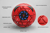 Red geometric textured ball, black and blue accents, tactile molded plastic, approx. 10cm diameter