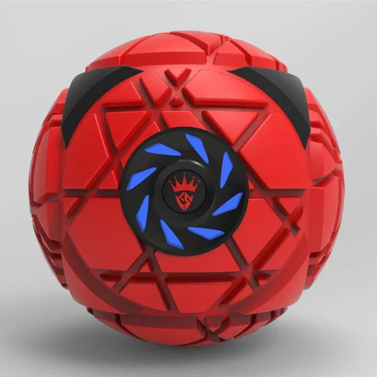 Futuristic red geometric ball with black and blue accents, textured surface, and angular design.