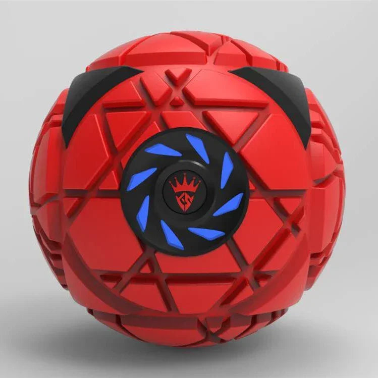 Futuristic red geometric ball with black and blue accents, textured surface, and angular design.