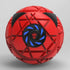 Futuristic red geometric ball with black and blue accents, textured surface, and angular design.