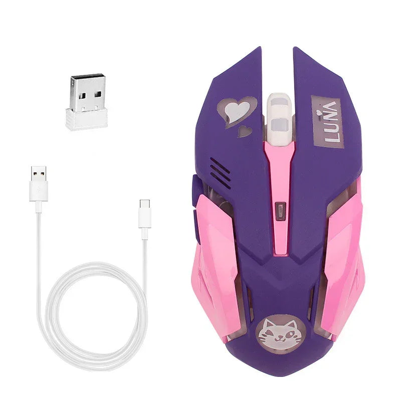 Purple and pink wireless gaming mouse with USB receiver, charging cable, heart and cat designs