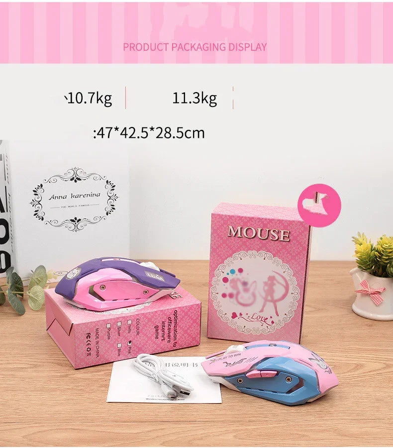 Colorful wireless gaming mice with pink and blue, purple and pink designs, shown in packaging display.