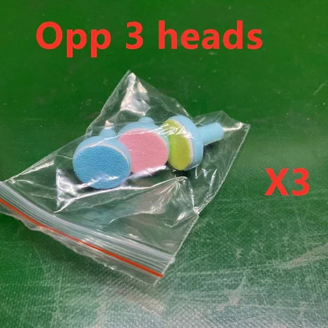 Three pastel foam replacement heads in blue, pink, and yellow, sealed in a plastic bag