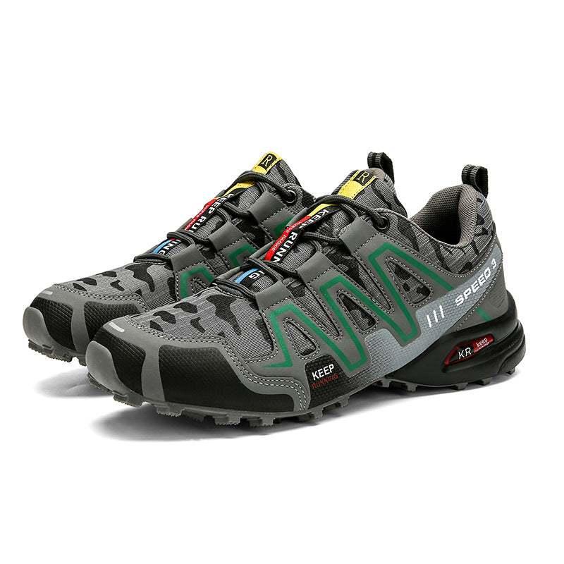 Gray and green trail running sneakers with mesh upper, rugged sole, and athletic fit
