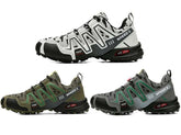 Three pairs of athletic trail sneakers in white, green, and gray with mesh panels and rugged soles.