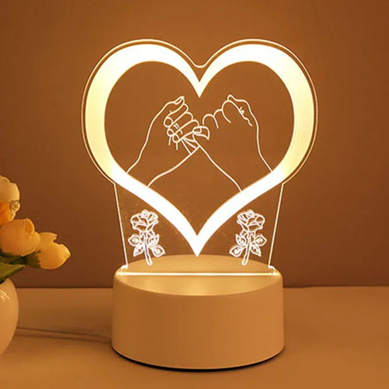 LED acrylic night light with heart shape, pinky promise hands, and rose flower design
