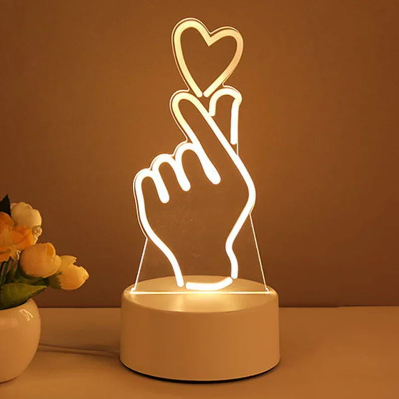 LED acrylic lamp with hand gesture and heart design, warm white light, modern decor
