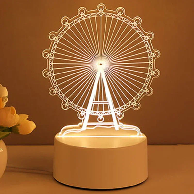LED acrylic Ferris wheel lamp with warm light on a round white base, modern decor
