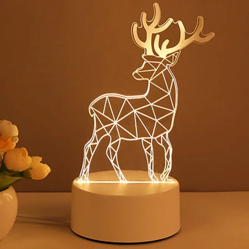Geometric LED deer lamp with white acrylic base, warm ambient lighting, modern decor