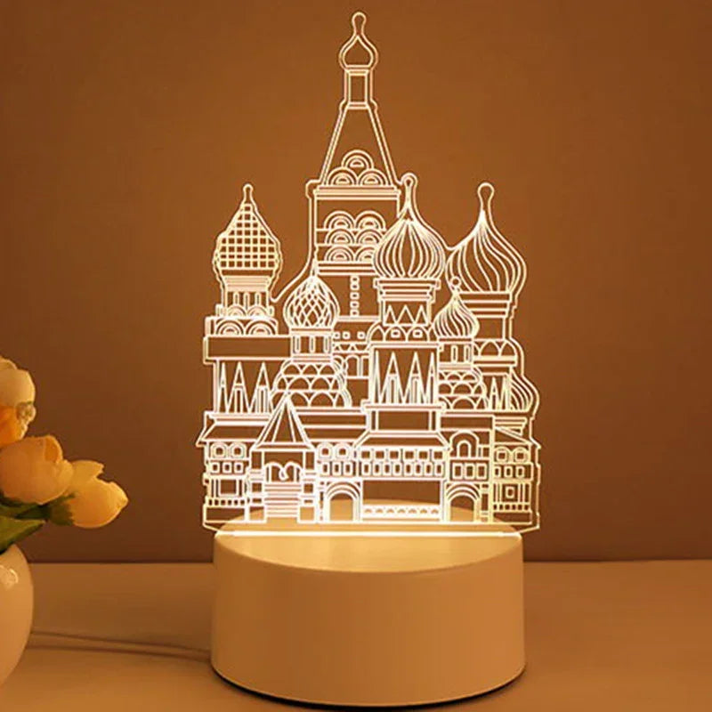LED acrylic lamp with intricate architectural design, warm white light on a modern base