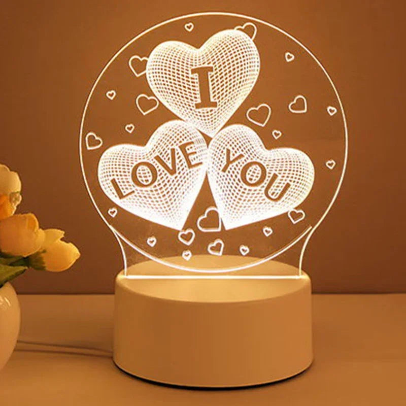 3D LED lamp with glowing 'I Love You' heart design and white base, warm ambient lighting
