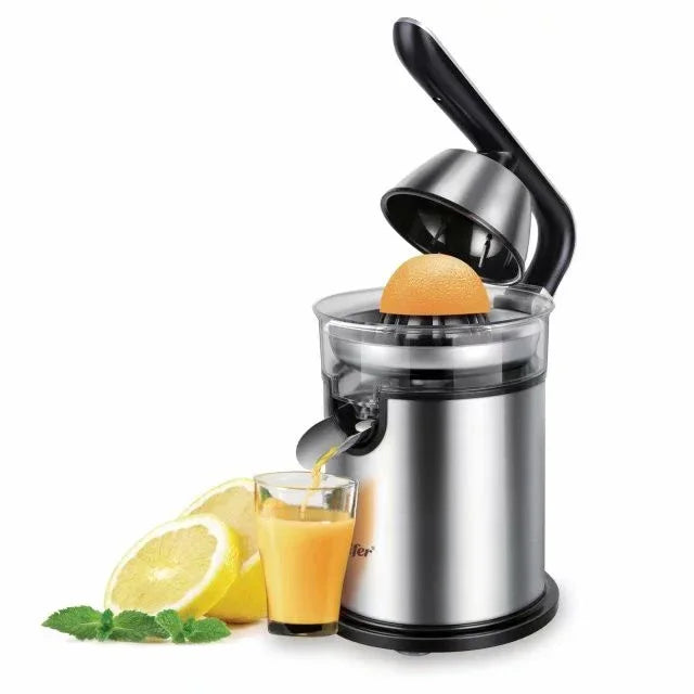 Stainless steel electric citrus juicer with fresh orange juice, lemon slices, and mint