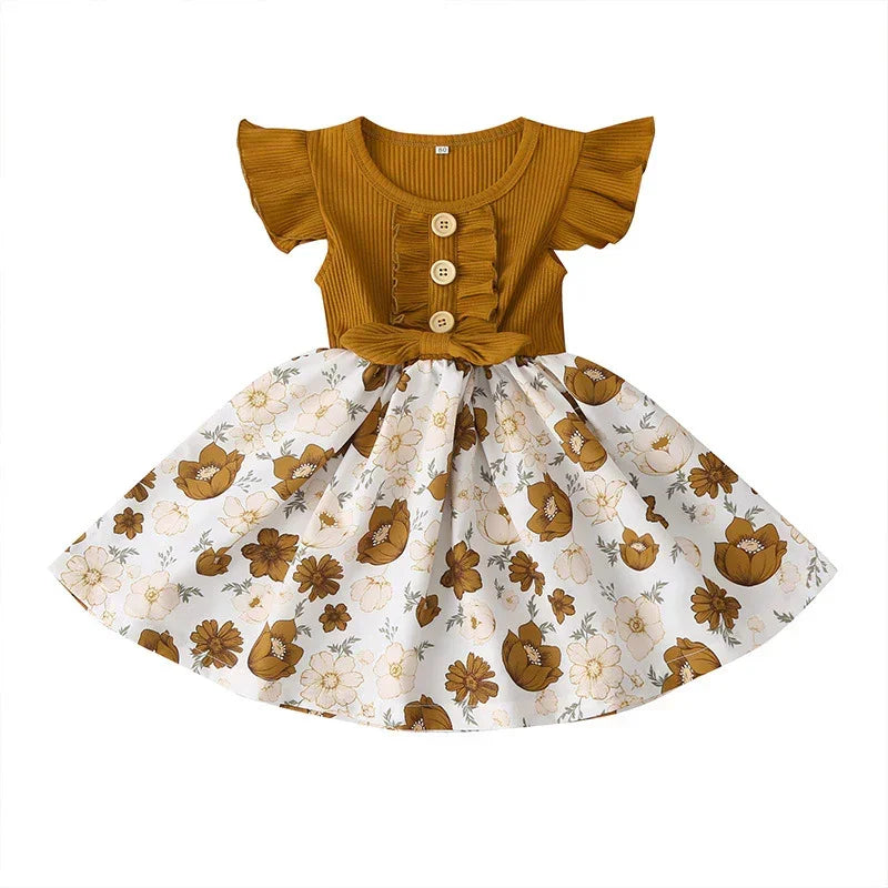 Brown ribbed short sleeve dress with ruffle trim and floral print white skirt, fit and flare style