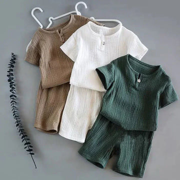 Three short-sleeve, cotton gauze two-piece lounge sets in green, white, and brown