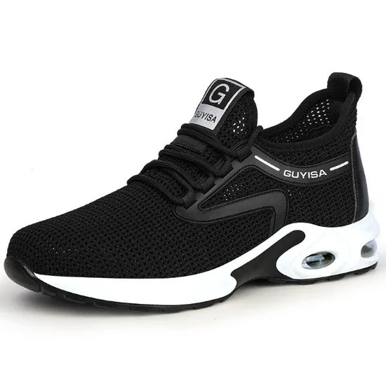 Black mesh athletic sneaker with lace-up design, white sole, breathable material, sporty fit