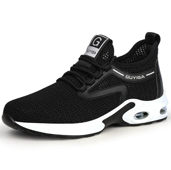 Black mesh athletic sneaker with cushioned sole and lace-up design, modern streetwear shoe.