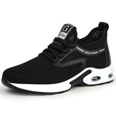 Black mesh athletic sneaker with cushioned sole and lace-up design, modern streetwear shoe.