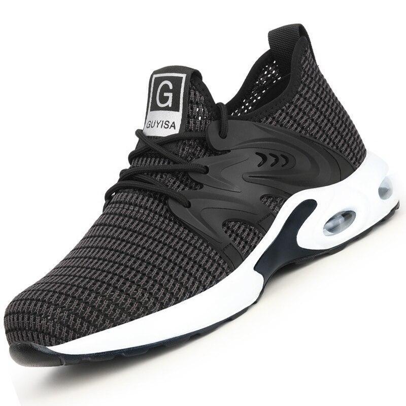 Black and grey knit athletic sneaker with breathable mesh, black laces, and cushioned white sole.