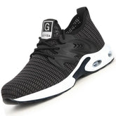 Black and grey knit athletic sneaker with breathable mesh, black laces, and cushioned white sole.