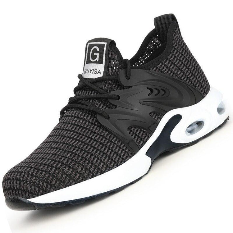 Black and grey knit athletic sneaker with breathable mesh, black laces, and cushioned white sole.