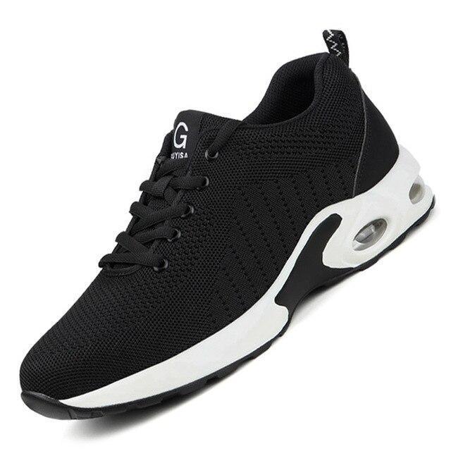 Black mesh athletic sneaker with white sole and air cushioning, lace-up, modern streetwear style.