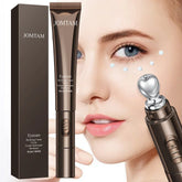 Moisturizing eye cream applied to undereye area, shown with tube and cooling metal applicator.