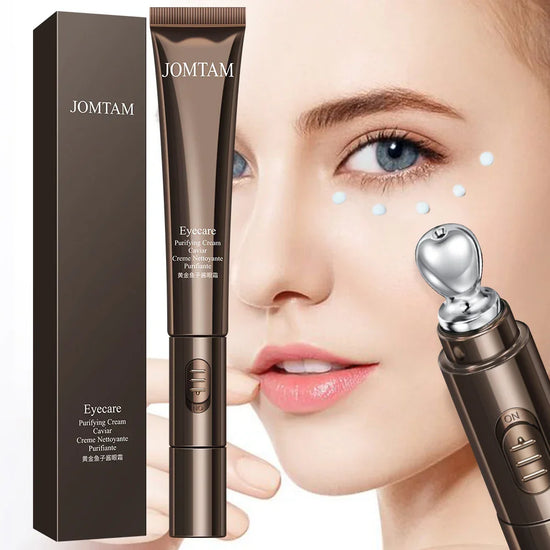 Moisturizing eye cream applied to undereye area, shown with tube and cooling metal applicator.