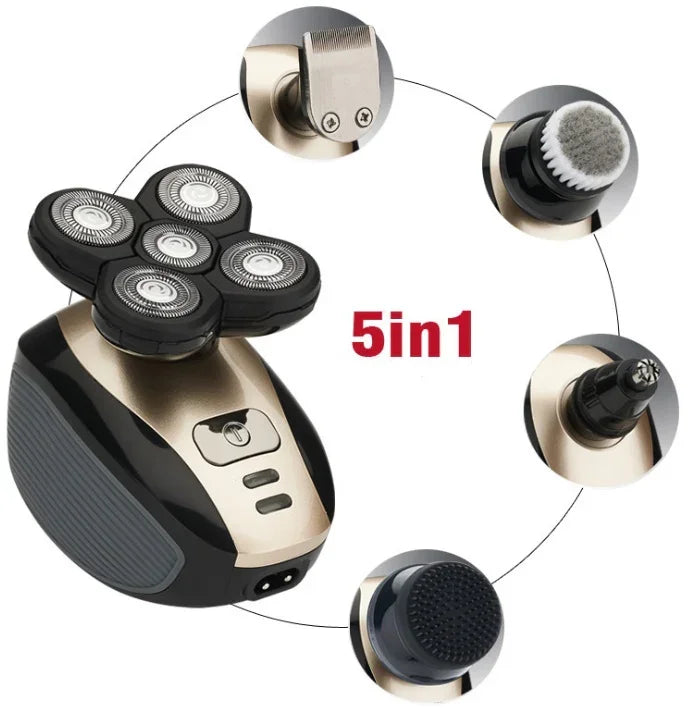 5-in-1 electric grooming kit with black and gold shaver, trimmer, brush, and cleaning heads