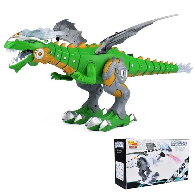 Green and gray robotic dinosaur toy with silver accents, plastic material, articulated limbs.