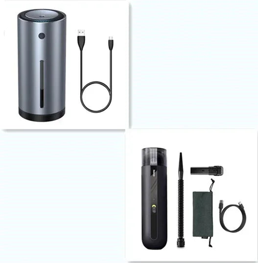 Futuristic tech gadgets in matte black and grey, cylindrical and compact with USB cables and attachments