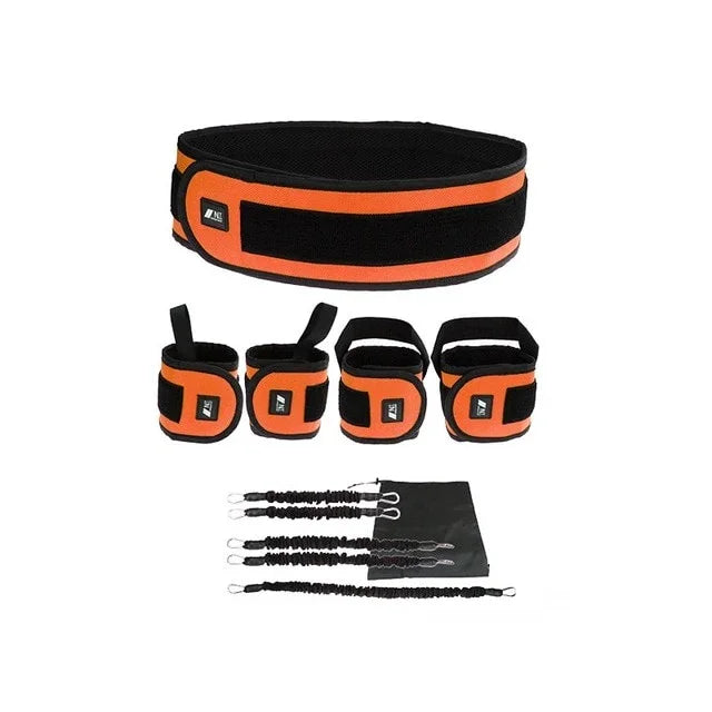 Black and orange adjustable resistance training belt and wrist straps with elastic cords, athletic fit