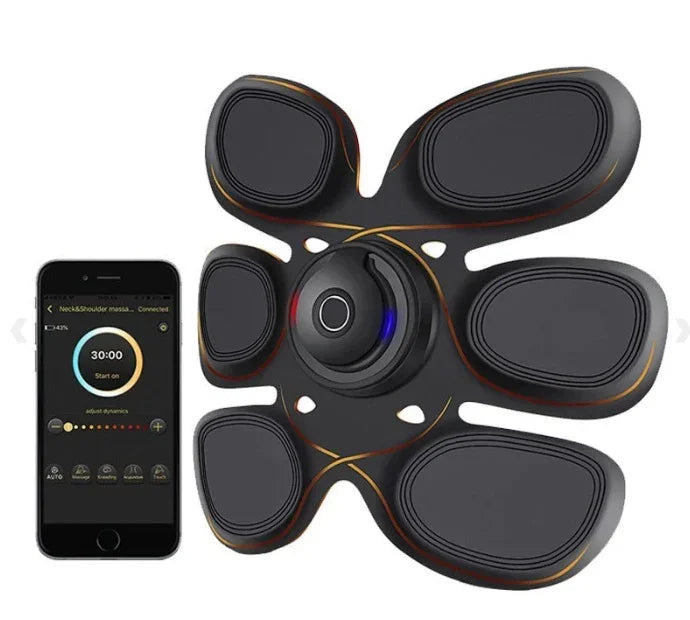 Black multi-pad electronic muscle stimulator with gold accents next to smartphone control app.