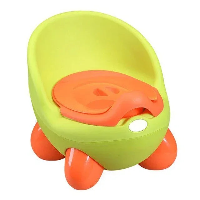 Modern yellow and orange plastic potty chair with rounded back and sturdy base