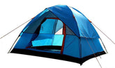 Blue dome-style camping tent with mesh windows and zippered door, made of waterproof fabric.