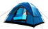Blue dome-style camping tent with mesh windows and zippered door, made of waterproof fabric.