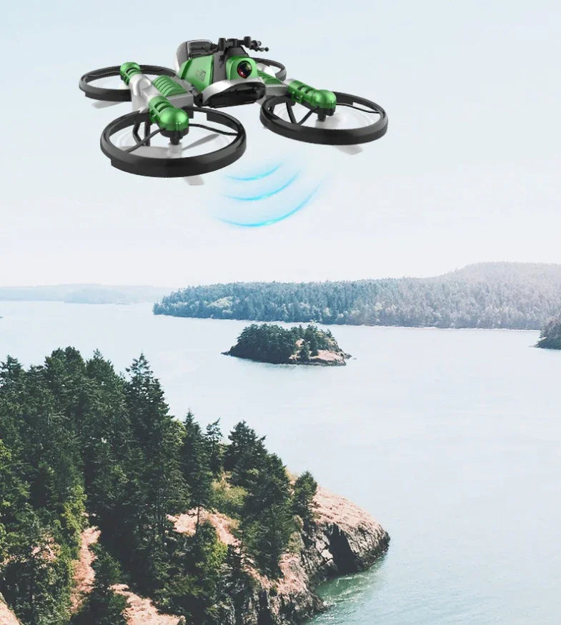 Green and black quadcopter drone flying outdoors over water and forested islands