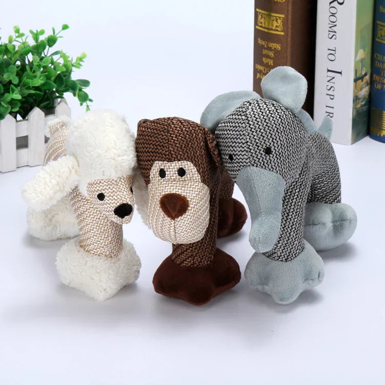 Three plush animal toys in soft fabric, featuring a poodle, monkey, and elephant design.