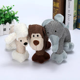 Three plush animal toys in soft fabric, featuring a poodle, monkey, and elephant design.