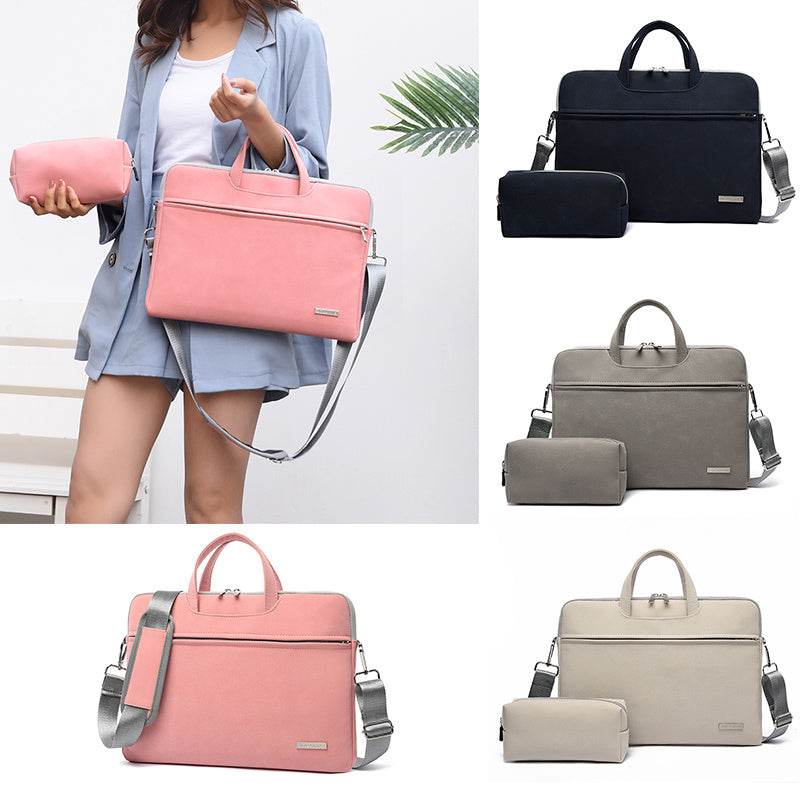 PU leather women laptop bag with removable shoulder strap and matching pouch, available in pink, black, gray, and beige.