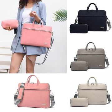 Woman in a light blue oversized blazer with tailored shorts, holding a pink faux leather laptop bag and matching pouch; additional images show the same minimalist laptop bag set in black, gray, and beige colors, all with silver zippers and adjustable straps.