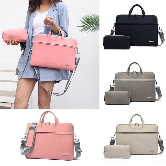 PU leather women laptop bag with removable shoulder strap and matching pouch, available in pink, black, gray, and beige.