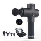 Black handheld massage gun with interchangeable heads and carrying case, modern tech design