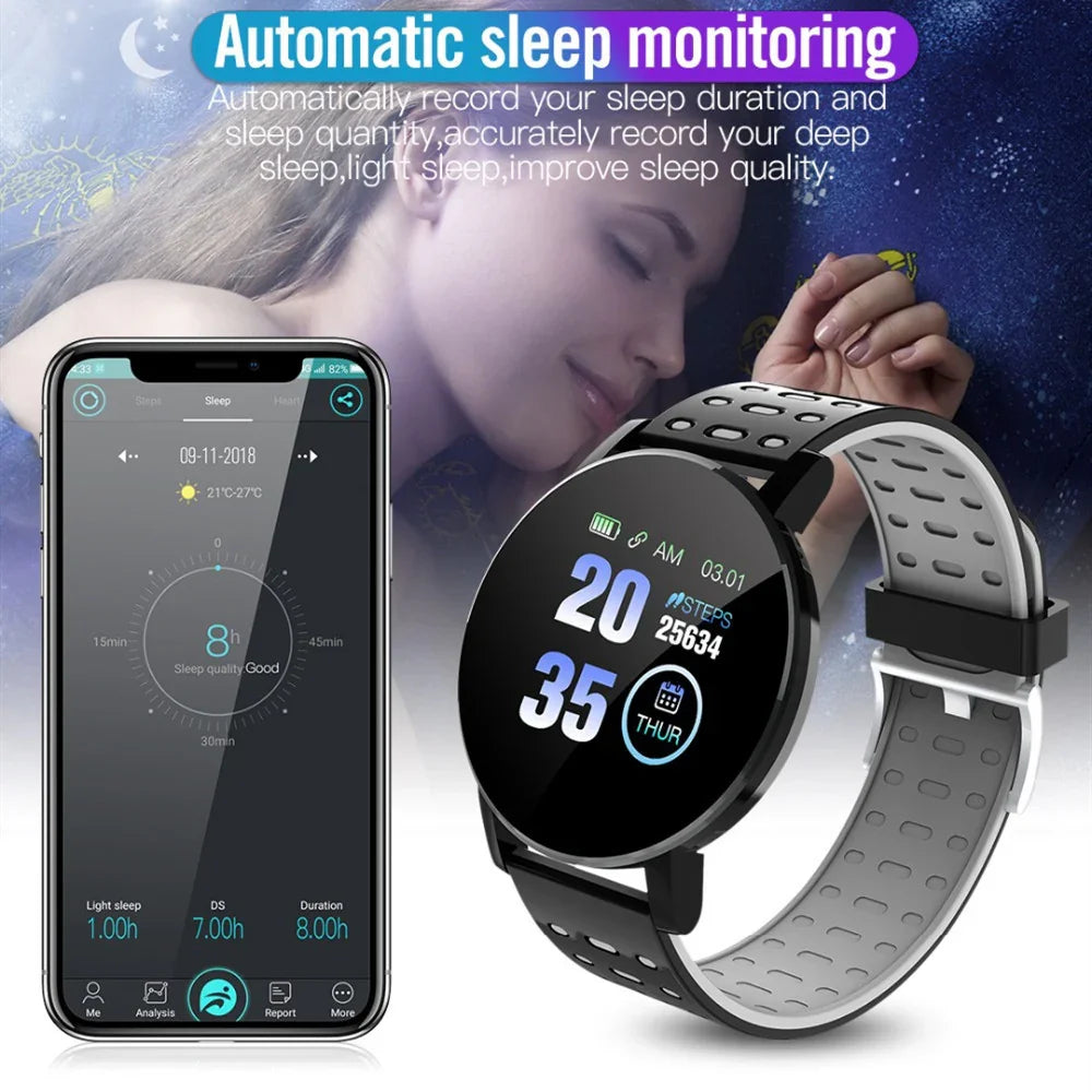Futuristic black and gray smart fitness watch with perforated strap, displayed next to sleep tracking app on smartphone screen, highlighting sleep monitoring features.
