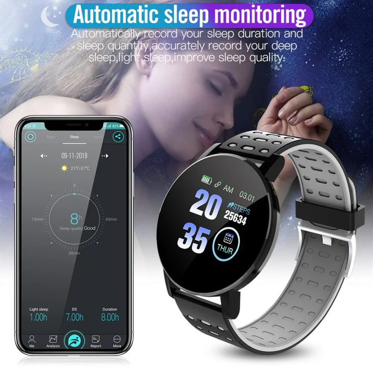 Futuristic black and gray smart fitness watch with perforated strap, displayed next to sleep tracking app on smartphone screen, highlighting sleep monitoring features.