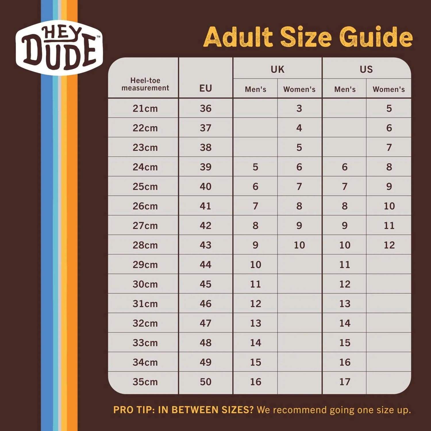 Adult shoe size chart with EU, UK, US sizes and heel-to-toe measurements on a brown background.